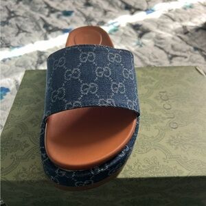 Blue Denim Blue Monogram Slides